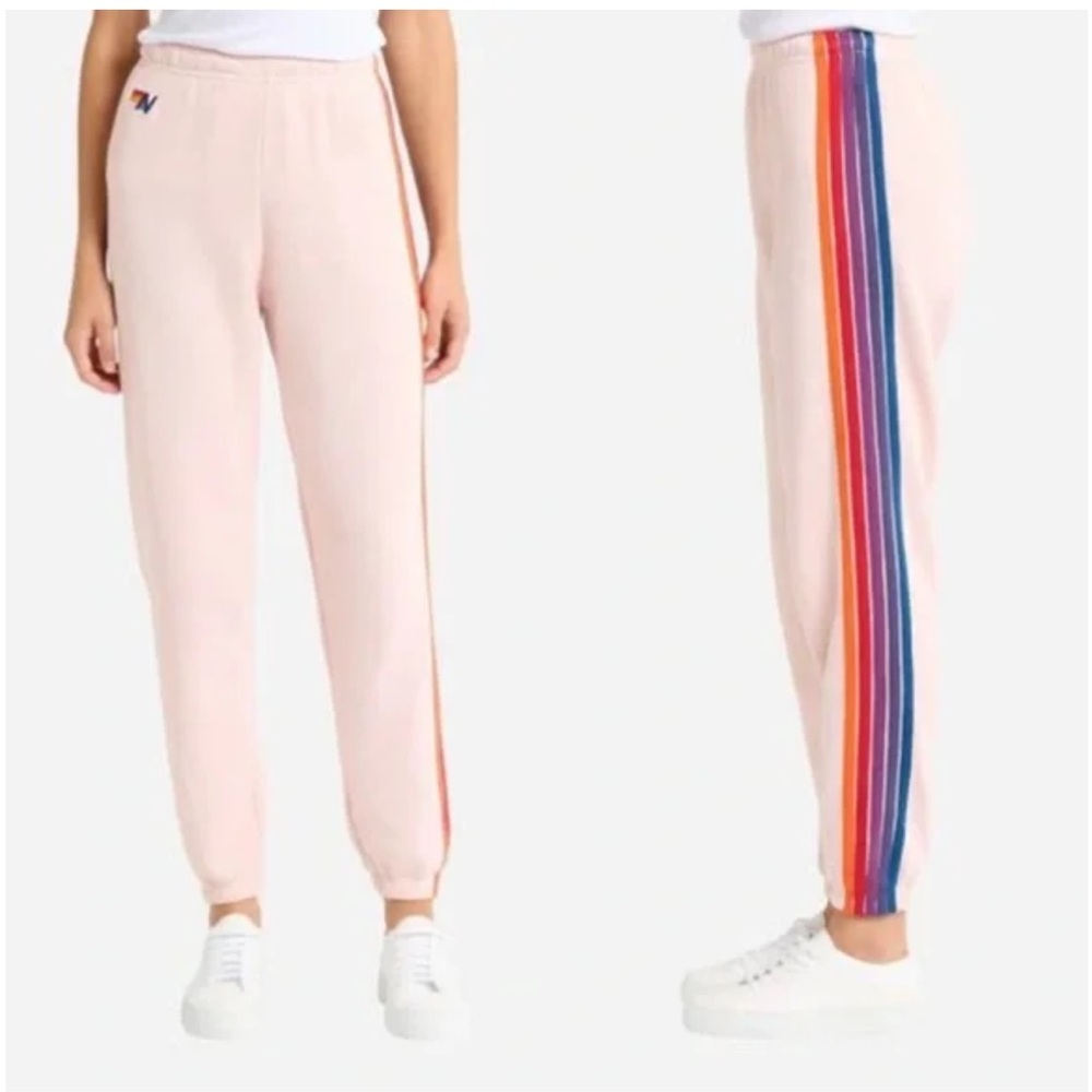 Aviator Nation 5 Stripe Sweatpants Joggers In Light Pink Orange Purple Combo